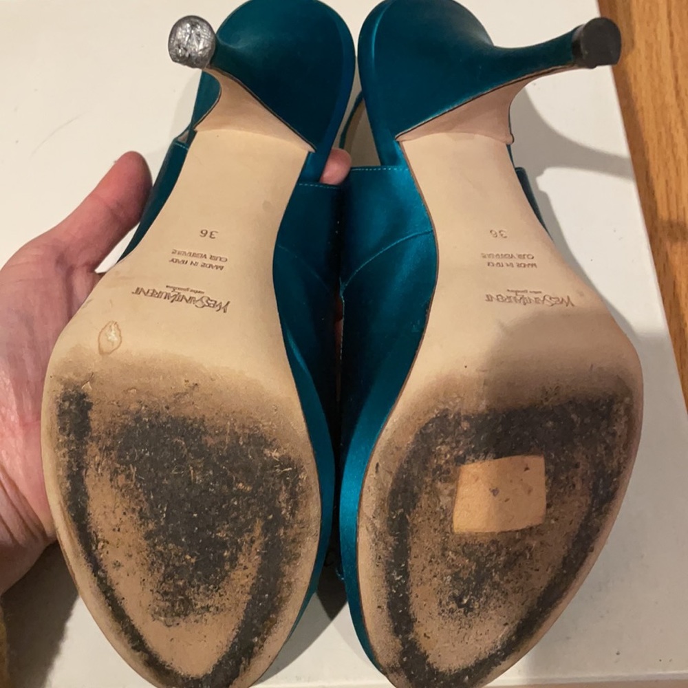 Yves Saint Laurent - Teal satin Tribute sandals. Sz 6 - Picture 5 of 7